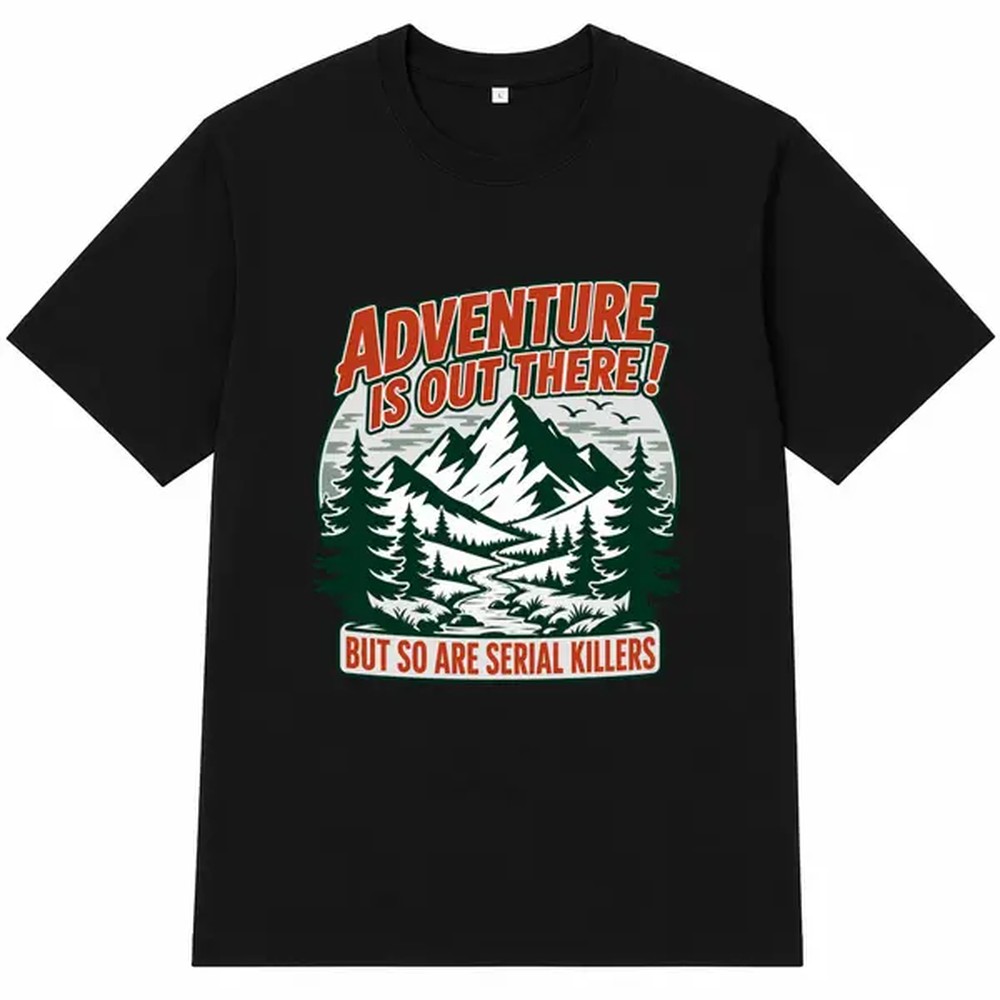 Outdoor Camping Outfit - 아웃도어 어드벤처 레터 프린트 블랙 셔츠,