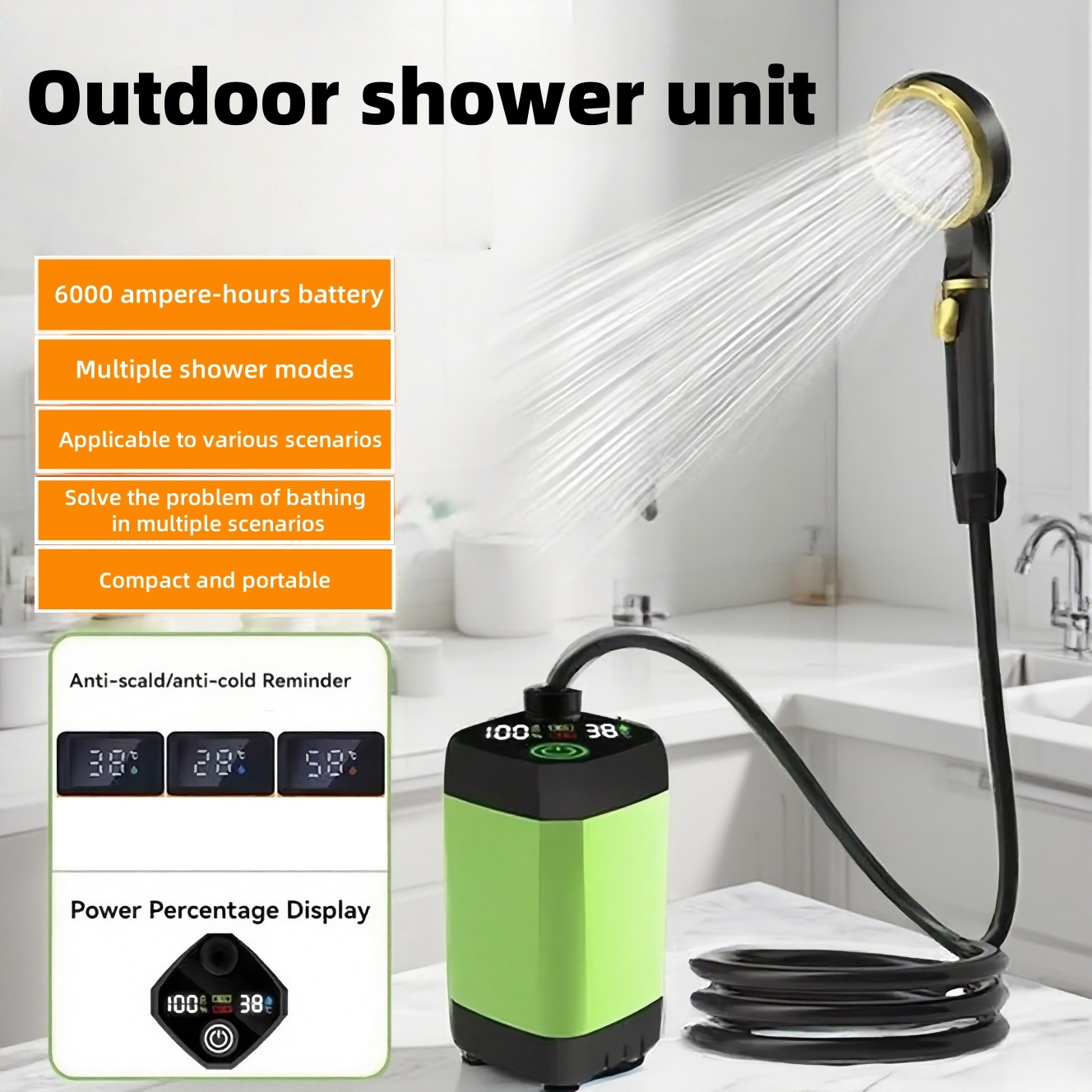 Outdoor Camping Bathroom - 휴대용 야외 전기 샤워기, 긴 배터리