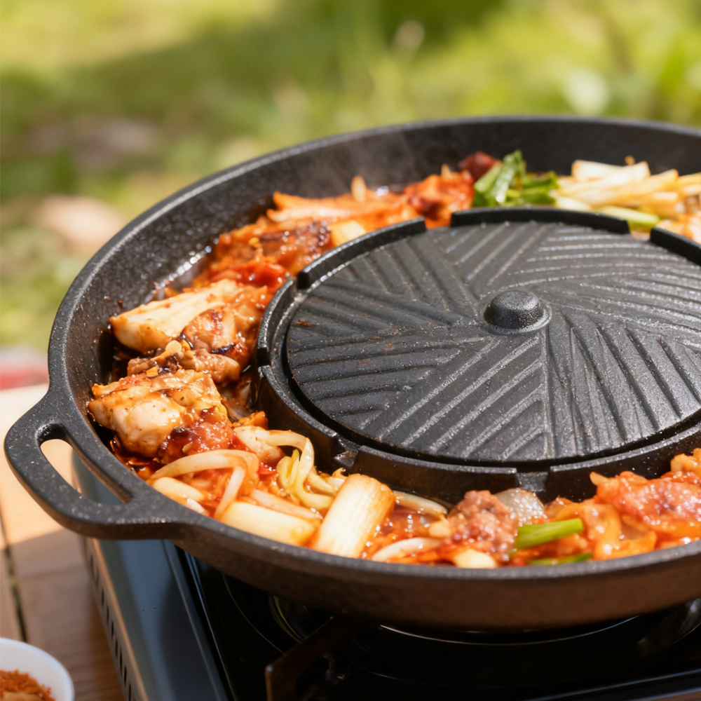 코선 한국식 바베큐 그릴 팬 2 in 1 원형 바베큐  - Outdoor Camping Food 리뷰 및 가격